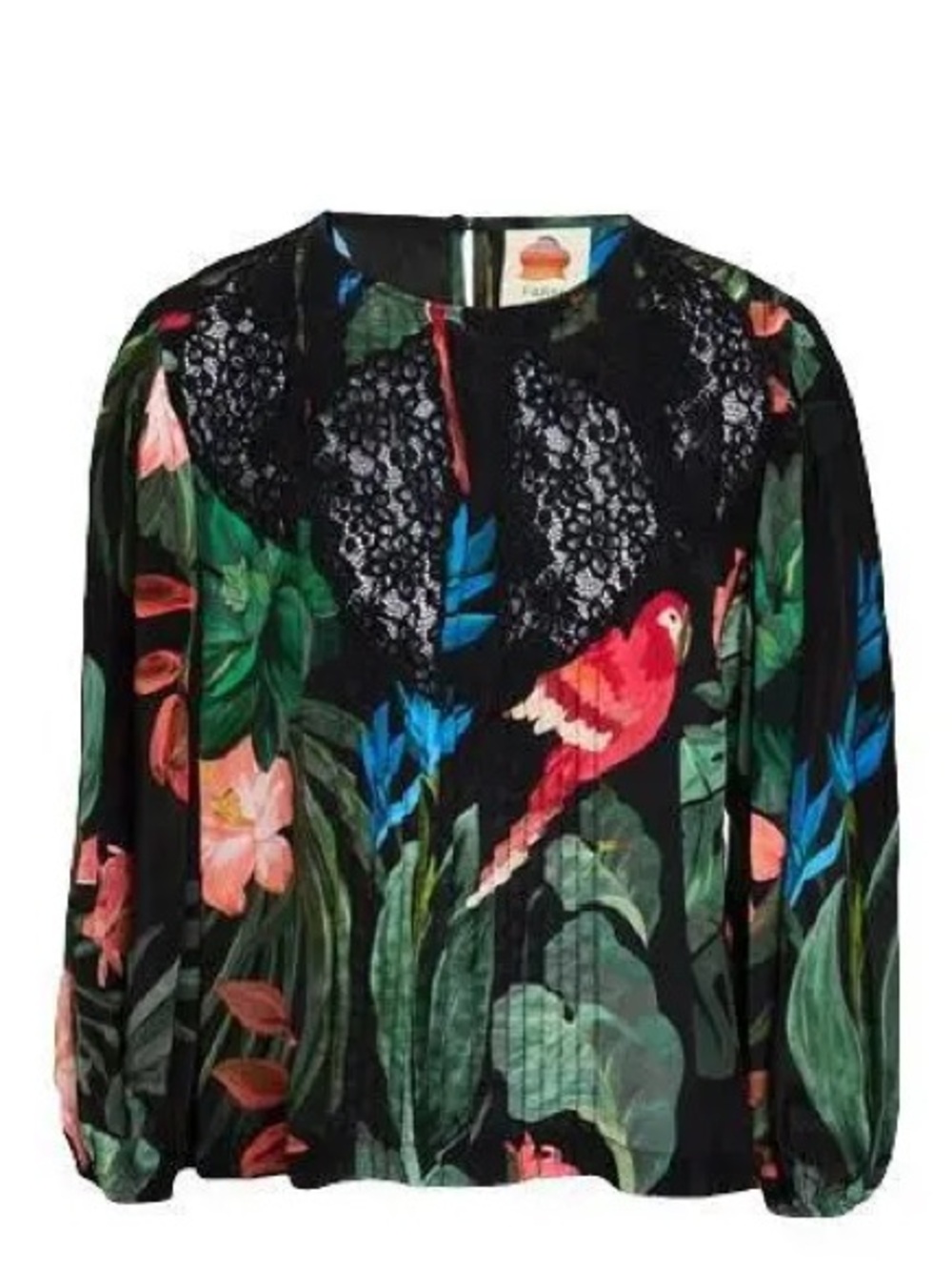 FARM Rio Midnight Macaw Fiesta Black Blouse with Lace Detail Tropical Top - Picture 2 of 10